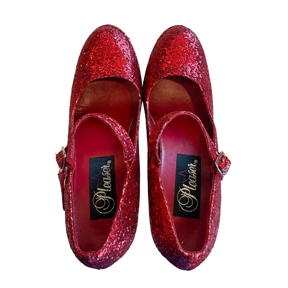 Pleaser Red Glitter Mary Jane Platform Heels Chunky Block Heel Ruby Sparkle Sz 7